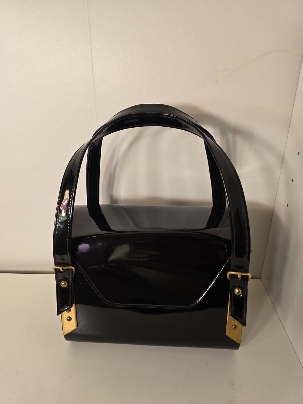 Vintage Black Patent Structured Box Handbag with Dual Handles